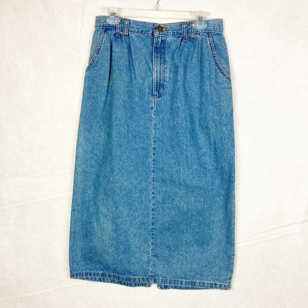 Vintage Denim Midi Skirt Size 12 90s High Waist Denim Blue